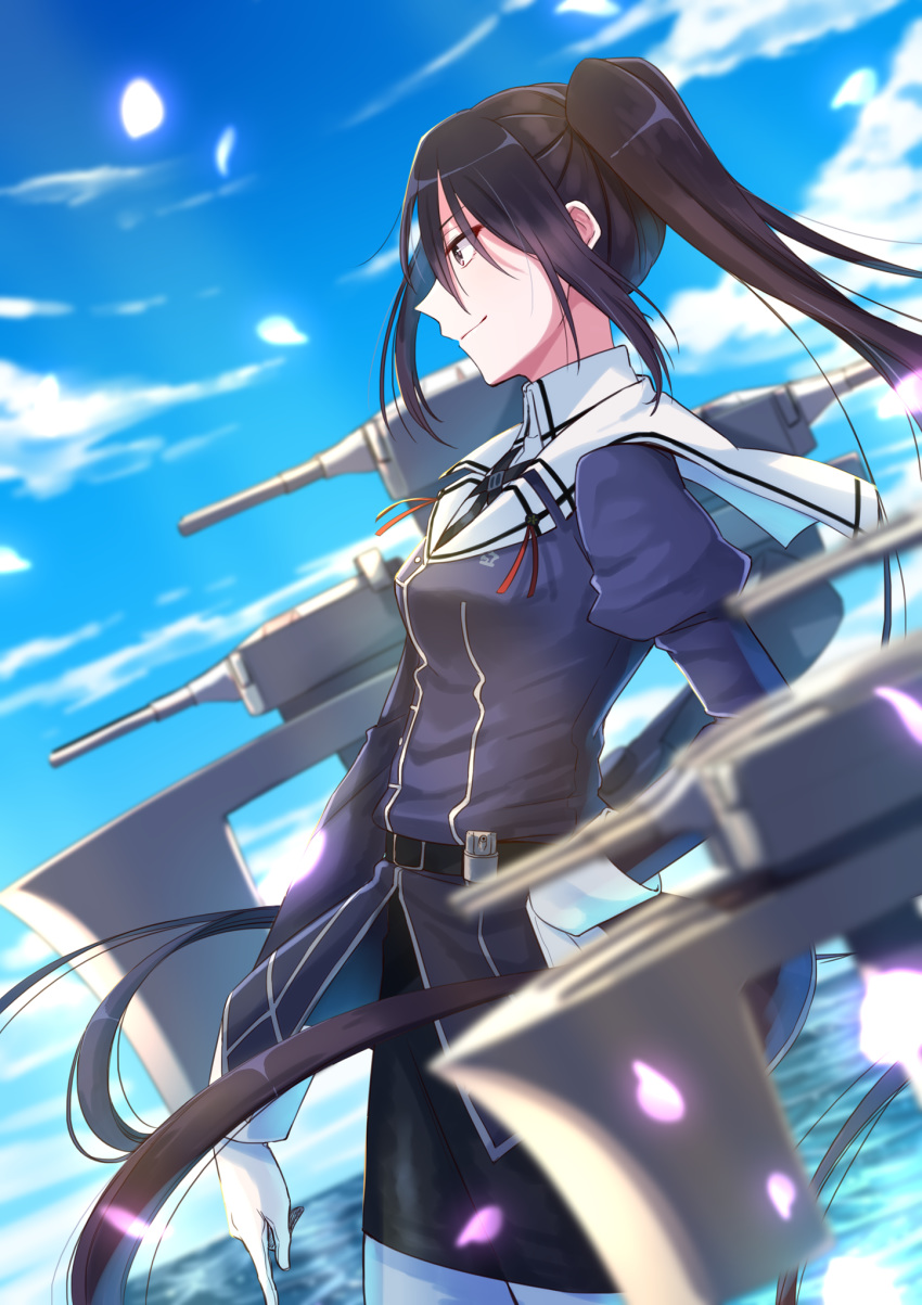 1girl belt black_hair black_skirt blue_sky blurry blurry_background blurry_foreground brown_eyes clouds commentary_request from_side gloves highres juliet_sleeves kantai_collection long_hair long_sleeves nachi_(kantai_collection) pantyhose petals puffy_sleeves remodel_(kantai_collection) rigging sailor_collar side_ponytail skirt sky solo totto_(naka) very_long_hair white_gloves white_legwear