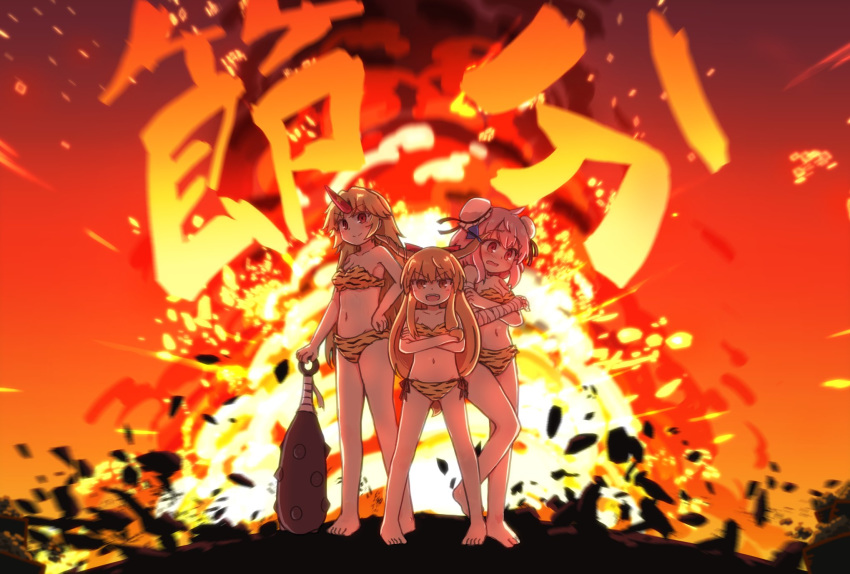 3girls alternate_costume animal_print bandaged_arm bandages barefoot bikini blonde_hair blue_ribbon bow bun_cover club commentary crossed_arms double_bun embarrassed explosion full_body hair_bow hand_on_hip highres horn horn_ribbon horns hoshiguma_yuugi ibaraki_kasen ibuki_suika kanabou kibisake long_hair looking_at_viewer multiple_girls navel oni open_mouth pink_eyes pink_hair red_bow red_eyes ribbon setsubun side-tie_bikini smile spiked_club swimsuit tiger_print touhou translated weapon yellow_eyes