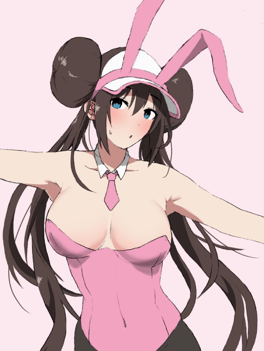 1girl animal_ears armpits bare_shoulders black_legwear blue_eyes blush breasts brown_hair bunny_girl bunnysuit covered_navel detached_collar double_bun fake_animal_ears highres large_breasts leotard long_hair mei_(pokemon) necktie nishikino_kee outstretched_arms pantyhose pink_leotard pokemon pokemon_(game) pokemon_bw2 rabbit_ears solo strapless strapless_leotard sweatdrop twintails very_long_hair visor_cap