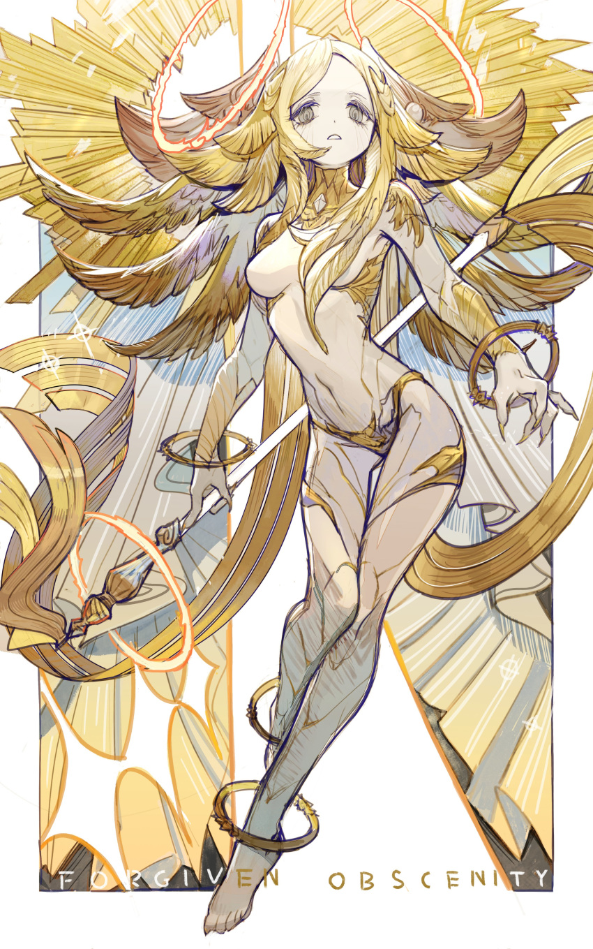 1girl absurdres angel_wings barefoot claws final_fantasy final_fantasy_xiv fingernails gold_trim halo highres monster monster_girl multiple_wings navel rosette_(yankaixuan) seraph sharp_fingernails sin_eater_(ff14) staff white_skin wings