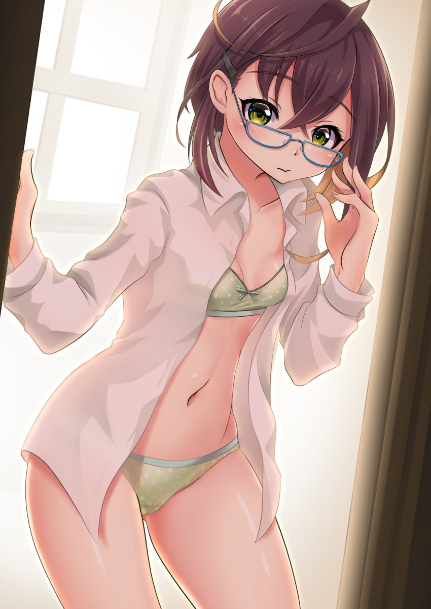 1girl absurdres black_hair blue-framed_eyewear bra breasts collarbone commentary_request contrapposto cowboy_shot curtains dress_shirt glasses green_bra green_eyes green_panties highres kantai_collection long_sleeves looking_at_viewer makura_(user_jpmm5733) multicolored_hair okinami_(kantai_collection) panties pink_hair polka_dot polka_dot_bra polka_dot_panties shirt short_hair small_breasts solo underwear white_shirt window