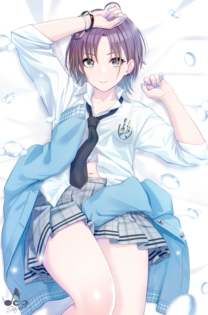 1girl arm_up asakura_tooru bangs bed bed_sheet black_hair black_neckwear blue_eyes blue_jacket bracelet breast_pocket dress_shirt from_above grey_skirt hand_on_own_head highres idolmaster idolmaster_shiny_colors infinote jacket jewelry looking_at_viewer lying nail_polish navel necktie on_back on_bed parted_bangs pen_in_pocket plaid plaid_skirt pleated_skirt pocket school_uniform shirt short_hair signature skirt sleeves_rolled_up smile water_drop white_shirt