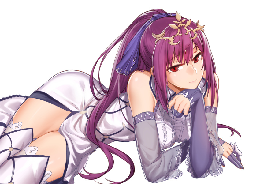 1girl absurdres bangs breasts detached_sleeves dress fate/grand_order fate_(series) fur-trimmed_dress fur_trim hair_between_eyes head_in_hand headpiece highres looking_at_viewer lying medium_breasts on_side onceskylark ponytail purple_hair purple_ribbon red_eyes ribbon scathach_(fate)_(all) scathach_skadi_(fate/grand_order) simple_background smile solo thigh-highs thighs tiara white_background