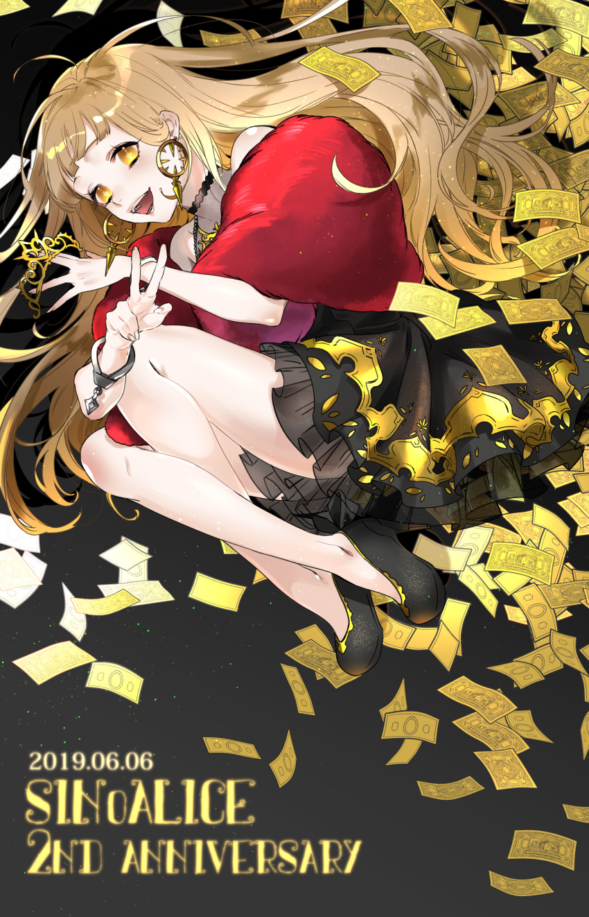 1girl anniversary bangs bare_legs bare_shoulders black_background black_footwear black_skirt blonde_hair blunt_bangs bracelet crown crown_removed dated earrings full_body highres holding holding_crown jewelry little_red_riding_hood_(sinoalice) long_hair looking_at_viewer money nokachoco114 open_mouth simple_background sinoalice skirt solo tongue tongue_out v yellow_eyes