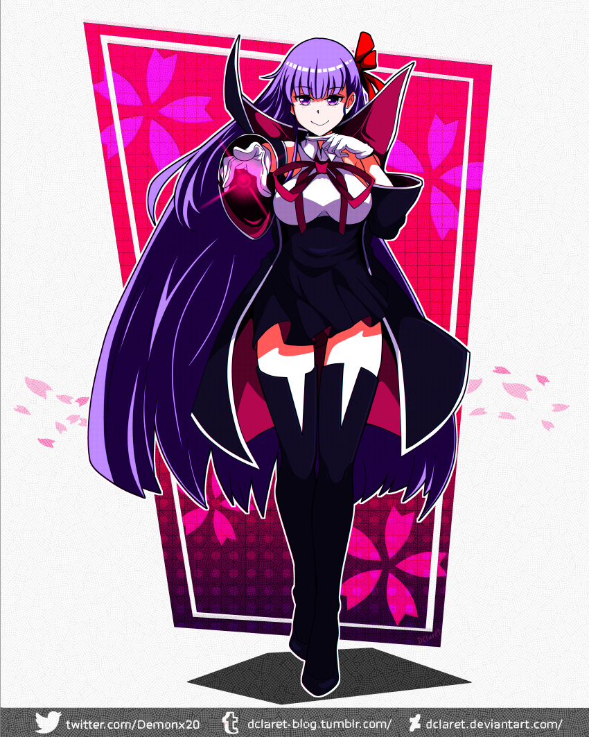 1girl absurdres bb_(fate)_(all) bb_(fate/extra_ccc) black_coat black_footwear boots cloak coat demonx20 fate/extra fate/extra_ccc fate/grand_order fate_(series) gloves hair_ribbon high-waist_skirt highres huge_filesize long_hair neck_ribbon popped_collar purple_hair red_ribbon ribbon skirt solo thigh-highs thigh_boots very_long_hair violet_eyes white_gloves
