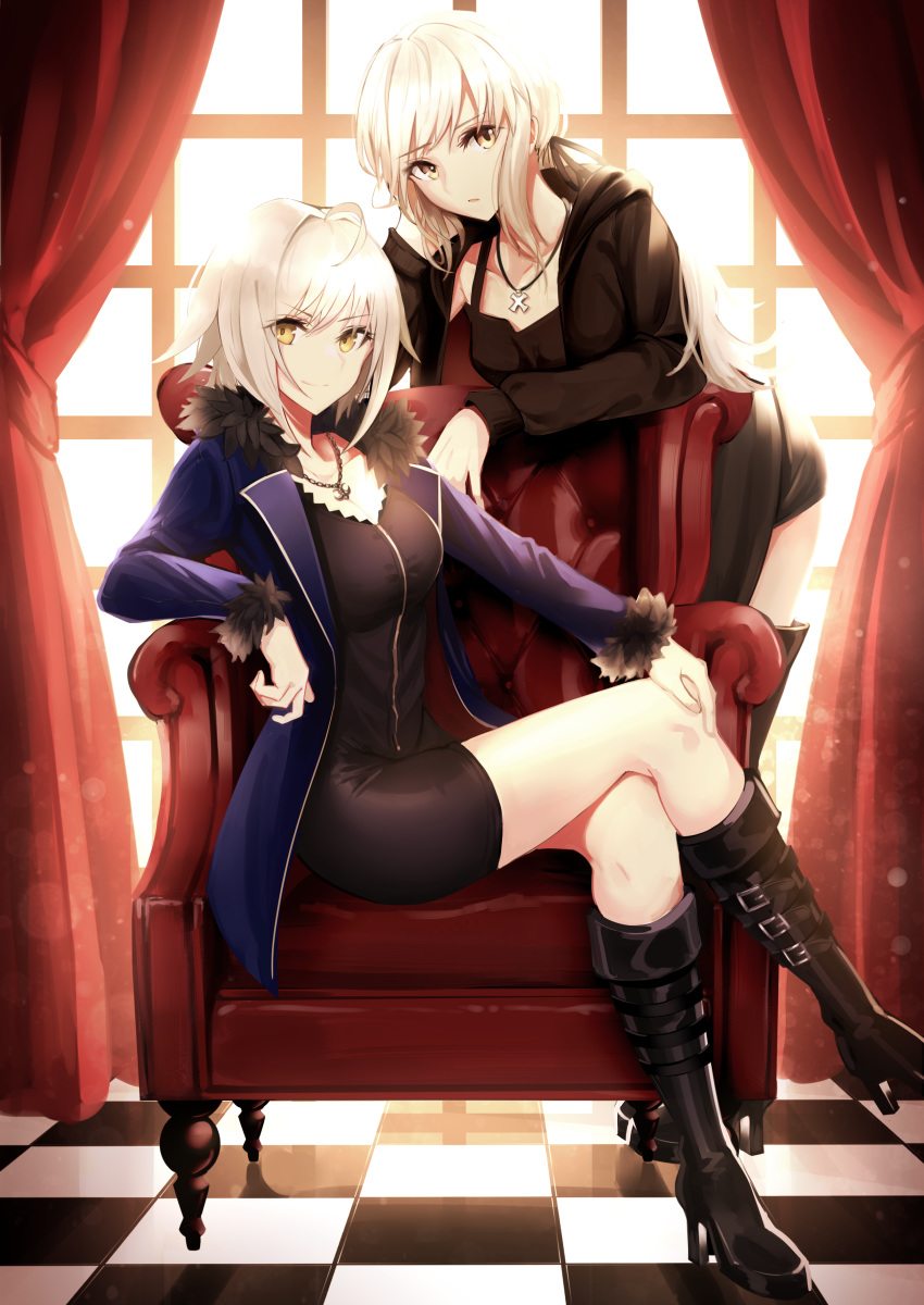 2girls absurdres artoria_pendragon_(all) bangs black_footwear black_jacket black_ribbon blonde_hair blue_jacket blush boa_sorte boots breasts collarbone commentary_request dress eyebrows_visible_through_hair fate/grand_order fate_(series) hair_ribbon highres indoors jacket jeanne_d'arc_(alter)_(fate) jeanne_d'arc_(fate)_(all) jet_black_king_of_knights_ver._shinjuku_1999 jewelry large_breasts long_hair looking_at_viewer medium_breasts multiple_girls necklace ribbon saber_alter short_hair silver_hair sitting smile wicked_dragon_witch_ver._shinjuku_1999 yellow_eyes