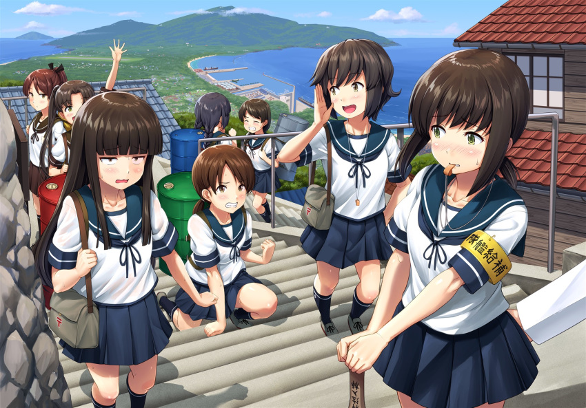 1other 6+girls armband ass_grab ayanami_(kantai_collection) bag bangs black_hair blue_sky blunt_bangs blush breasts brown_eyes brown_hair building carrying closed_eyes clouds collarbone commentary drum_(container) eyebrows_visible_through_hair fubuki_(kantai_collection) grabbing_another's_ass green_eyes grin groping hair_ornament hatsuyuki_(kantai_collection) highres house ichikawa_feesu isonami_(kantai_collection) kantai_collection kneehighs long_hair looking_at_another looking_at_viewer low_ponytail miyuki_(kantai_collection) mountain mouth_hold multiple_girls neckerchief ocean open_mouth out_of_frame outdoors pleated_skirt ponytail revision ribbon sailor_collar scenery school_uniform serafuku shikinami_(kantai_collection) shirayuki_(kantai_collection) shoes short_hair short_ponytail shoulder_bag side_ponytail sidelocks skirt sky small_breasts smile stairs sweatdrop translated twintails uranami_(kantai_collection) whistle whistle_around_neck