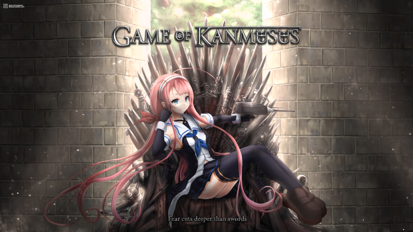 1girl absurdres ahoge asymmetrical_bangs bangs belt black_gloves black_legwear black_skirt blue_eyes cannon collared_shirt commentary elbow_gloves english_commentary english_text fingerless_gloves game_of_thrones gloves hair_ribbon hairband highres iron_throne kantai_collection kawakaze_(kantai_collection) loafers long_hair low_twintails machinery neckerchief parody pleated_skirt pointy_ears redhead ribbon shirt shoes sidelocks skirt sleeveless sleeveless_shirt solo sukeban sword thigh-highs throne turret twintails very_long_hair wakaura_asaho weapon