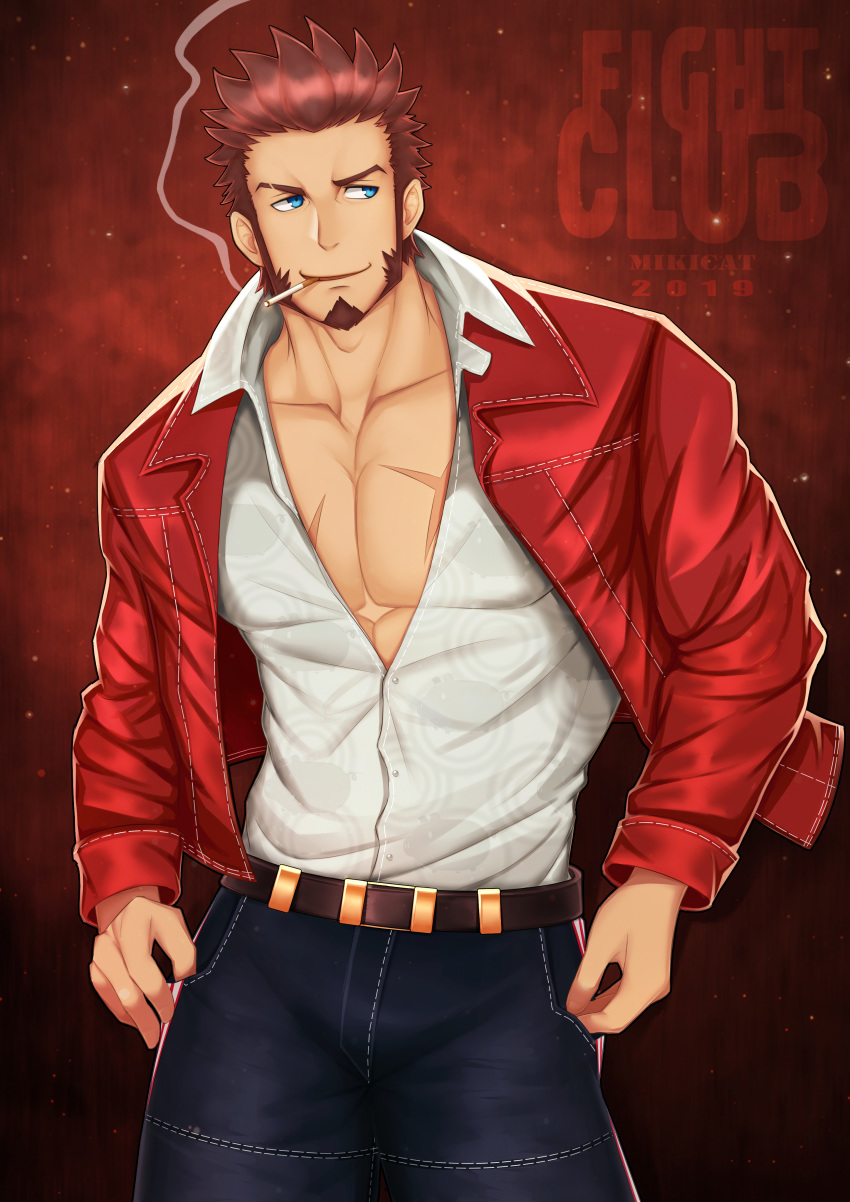1boy abs absurdres alternate_costume belt chest fate/grand_order fate_(series) hand_on_hip highres jacket long_sleeves looking_to_the_side male_focus miqi_(nnaf3344) muscle napoleon_bonaparte_(fate/grand_order) open_clothes open_jacket open_mouth open_shirt pants pectorals scar simple_background smoking upper_body