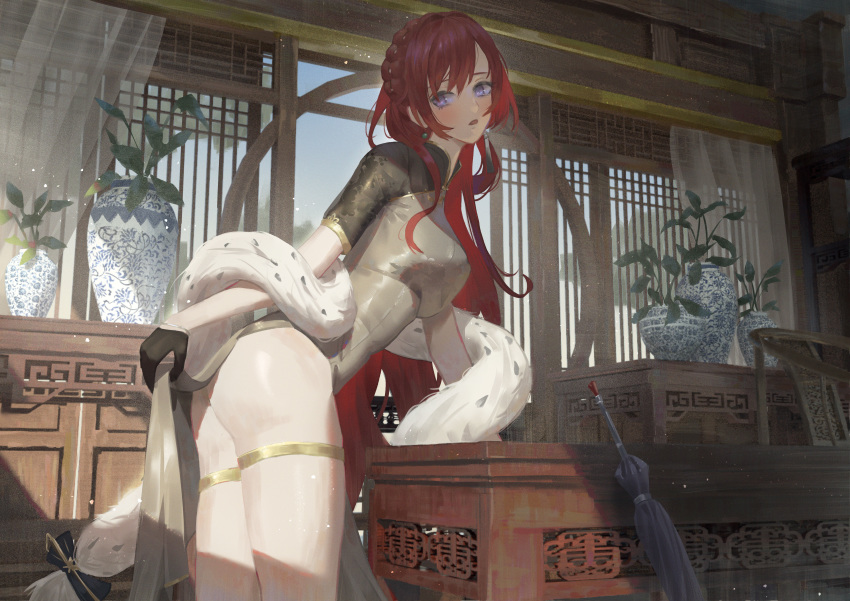 1girl absurdres ass azur_lane black_gloves blush braid breasts china_dress chinese_clothes cirilla dress eyebrows_visible_through_hair gloves hair_bun hair_ornament highres indoors jewelry large_breasts long_hair looking_at_viewer monarch_(azur_lane) monarch_(black_qipao)_(azur_lane) plant redhead revision scenery sidelocks solo umbrella violet_eyes