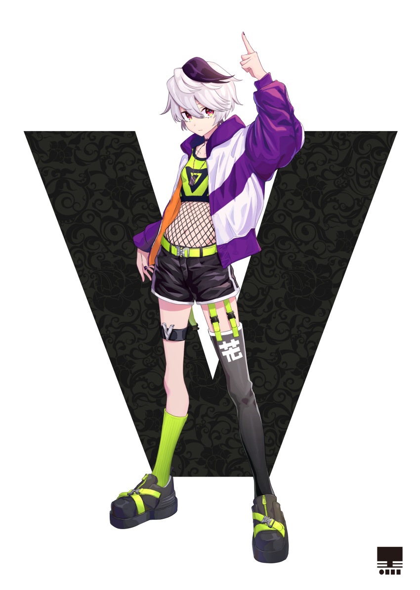 1girl absurdres black_footwear black_legwear black_shorts commentary expressionless fishnet_top flower_(vocaloid) green_legwear hand_up highres index_finger_raised jacket jewelry kanji kneehighs letter looking_at_viewer midriff mujikuro multicolored_hair necklace purple_jacket shoes short_hair shorts single_kneehigh single_thighhigh sneakers solo strapless streaked_hair thigh-highs thigh_strap translated tubetop two-tone_jacket v_flower_(vocaloid4) violet_eyes vocaloid white_background white_hair white_jacket