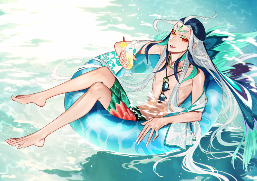 1boy aqua_hair black_hair blue_hair drink fate/grand_order fate_(series) forehead_jewel innertube long_hair male_focus male_swimwear multicolored_hair open_mouth qin_shi_huang_(fate/grand_order) sindri solo swim_trunks swimwear towel towel_around_neck two-tone_hair very_long_hair white_hair