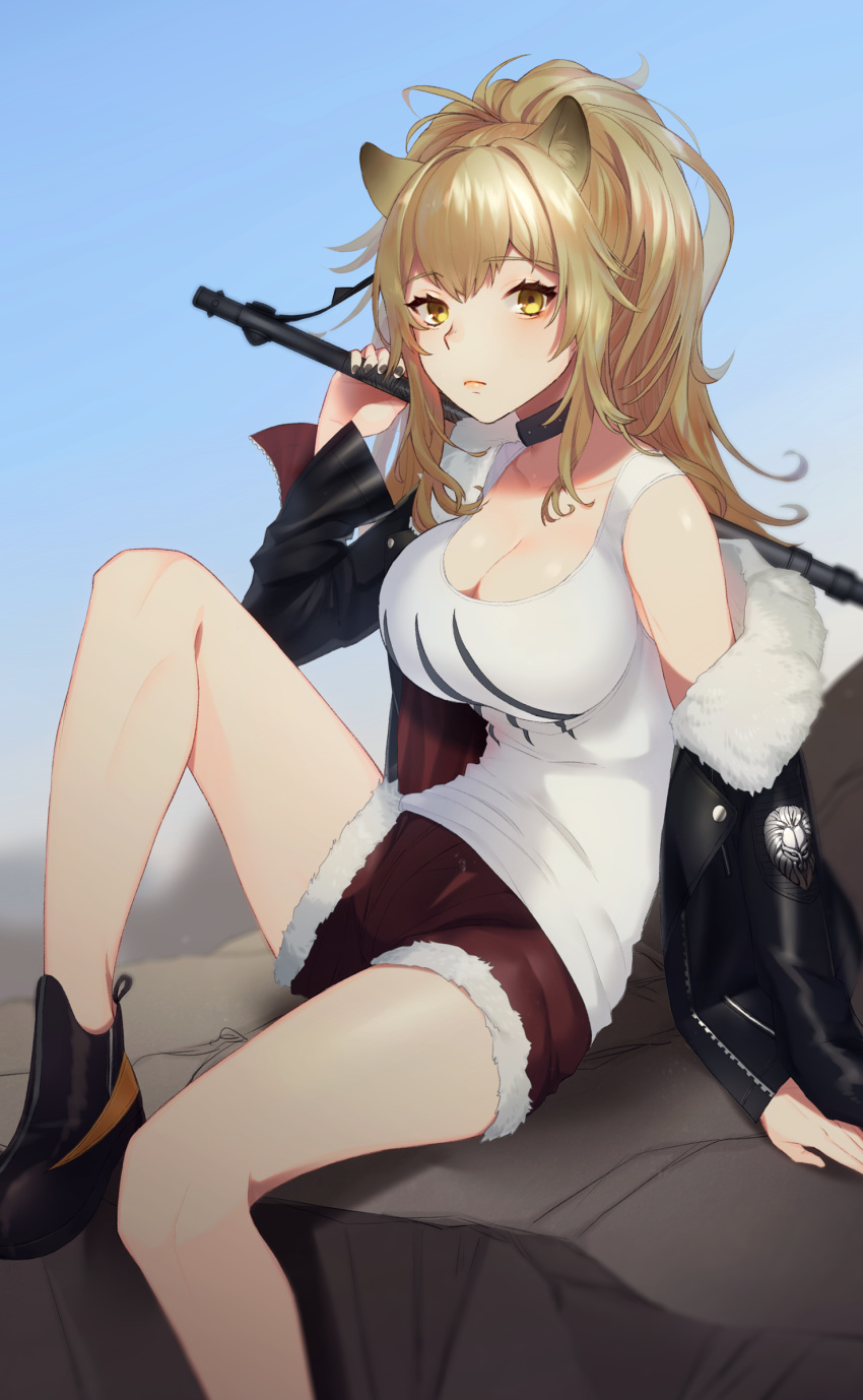 1girl absurdres animal_ears arknights arm_support bangs bare_legs bare_shoulders black_choker black_footwear black_nails blonde_hair blue_sky breasts choker collarbone commentary day eyebrows_visible_through_hair feet_out_of_frame fur-trimmed_jacket fur-trimmed_shorts fur_trim hand_up highres holding holding_weapon jacket knee_up large_breasts lion_ears long_hair looking_at_viewer mimiko_(fuji_310) nail_polish off_shoulder outdoors over_shoulder red_shorts shoes short_shorts shorts siege_(arknights) sky solo thighs weapon weapon_over_shoulder yellow_eyes