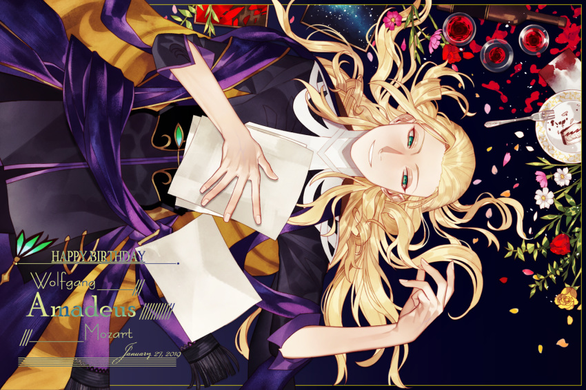 1boy blonde_hair character_name dated fate/grand_order fate_(series) fork from_above gloves gloves_removed happy_birthday long_hair lying male_focus paper plate sash sindri solo very_long_hair wolfgang_amadeus_mozart_(fate/grand_order)