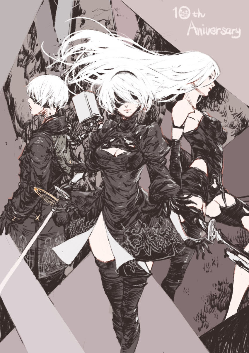 1boy 2girls anniversary back_cutout black_blindfold black_dress black_hairband blindfold boots cleavage_cutout commentary_request dress feather-trimmed_sleeves hairband high_heel_boots high_heels highres juliet_sleeves kazama_raita long_sleeves mole mole_under_mouth multiple_girls nier_(series) nier_automata puffy_sleeves short_hair silver_hair thigh-highs thigh_boots thighhighs_under_boots yorha_no._2_type_b yorha_no._9_type_s yorha_type_a_no._2