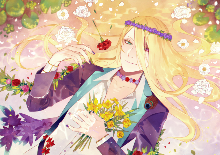 1boy alternate_hairstyle bangs blonde_hair bouquet carnation fate/grand_order fate_(series) floating_hair flower green_eyes hair_down head_wreath heterochromia holding holding_bouquet lily_pad long_hair lying male_focus nail_polish partially_submerged rose sindri solo violet_eyes white_flower white_rose wolfgang_amadeus_mozart_(fate/grand_order)
