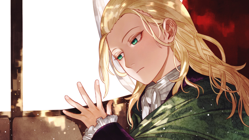 1boy ascot blonde_hair fate/grand_order fate_(series) green_eyes hair_slicked_back long_hair male_focus shawl sindri solo wavy_hair wolfgang_amadeus_mozart_(fate/grand_order) younger