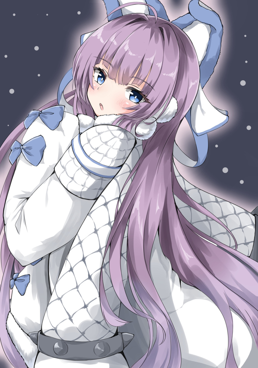 1girl absurdres azur_lane bangs blue_eyes blush brown_outline coat commentary_request eyebrows_visible_through_hair fur_collar grey_background hands_up highres long_hair long_sleeves looking_at_viewer looking_to_the_side moyoron outline parted_lips purple_hair russian_commentary sleeves_past_fingers sleeves_past_wrists snowing solo spikes tashkent_(azur_lane) very_long_hair white_coat