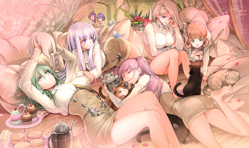 6+girls ahoge annette_fantine_dominic arms_up ass asymmetrical_hair bare_legs barefoot bed bernadetta_von_varley between_breasts bird blonde_hair blue_eyes breast_hold breasts brown_skirt buttons byleth_(fire_emblem) byleth_eisner_(female) canopy_bed cat cattail chibi closed_eyes closed_mouth cupcake curtains expressionless fire_emblem fire_emblem:_three_houses flower food green_eyes green_hair high-waist_skirt highres hilda_valentine_goneril holding holding_cat hug indoors knees_together_feet_apart large_breasts long_hair long_sleeves looking_back lying lysithea_von_ordelia macaron medium_hair mercedes_von_martritz multiple_girls on_back on_stomach open_mouth orange_hair petals petra_macneary pillar pillow pink_eyes pink_hair plant potted_plant purple_hair sandwich shirt short_hair side_ponytail silver_hair sitting skirt smile soles straight_hair strap_between_breasts teapot tiered_tray toyota_saori twintails vines white_shirt