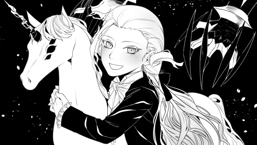 1boy antonio_salieri_(fate/grand_order) blush bow child claws fate/grand_order fate_(series) greyscale hair_bow long_hair looking_at_viewer monochrome ponytail sindri solo_focus stuffed_animal stuffed_horse stuffed_toy unicorn wolfgang_amadeus_mozart_(fate/grand_order) younger