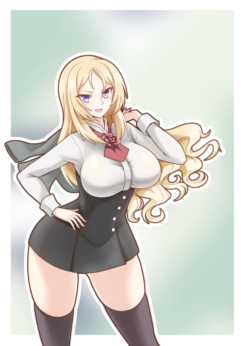 1girl black_legwear blonde_hair blue_eyes breasts commentary_request contrapposto cowboy_shot dress_shirt flower hand_on_hip highres jacket jacket_removed kantai_collection large_breasts long_hair long_sleeves looking_at_viewer nelson_(kantai_collection) pencil_skirt red_flower red_neckwear red_rose rose shirt skirt solo suke_(share_koube) thigh-highs
