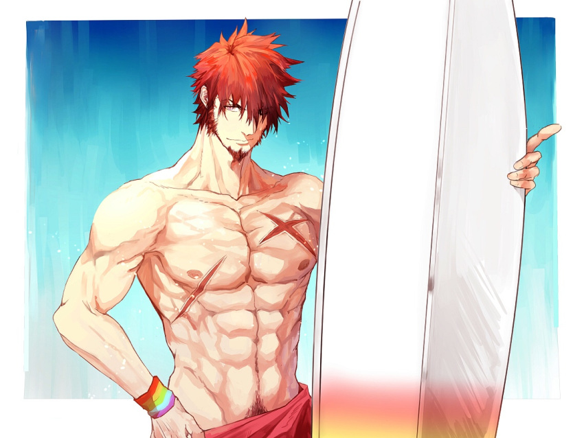 1boy abs alternate_costume alternate_hairstyle beard blue_eyes bracelet brown_hair chest day facial_hair fate/grand_order fate_(series) holding_surfboard jewelry looking_at_viewer male_focus muscle napoleon_bonaparte_(fate/grand_order) navel outdoors pectorals q307011598 rainbow_gradient scar shirtless simple_background solo surfboard swimsuit tank_top wet wet_clothes wet_hair