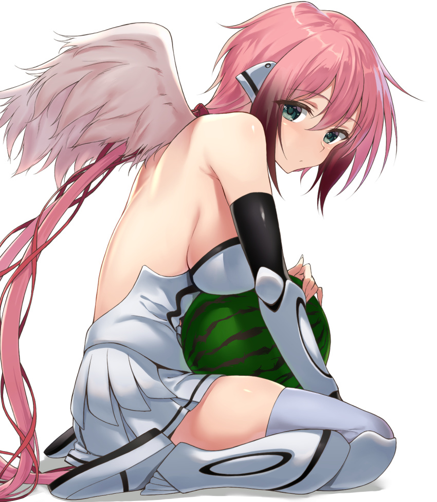 1girl android angel angel_wings bare_back bare_shoulders black_sleeves boots breasts collar detached_sleeves dress eyebrows_visible_through_hair food from_side fruit full_body gradient_hair green_eyes hair_between_eyes hair_ribbon highres hug ikaros large_breasts leaning_forward long_hair miniskirt mo3hig3 multicolored_hair pink_hair pleated_skirt red_ribbon ribbon robot_ears sideboob simple_background sitting skirt sleeveless sleeveless_dress solo sora_no_otoshimono thigh-highs thigh_boots very_long_hair wariza watermelon white_background white_dress white_footwear white_legwear white_skirt white_wings wings