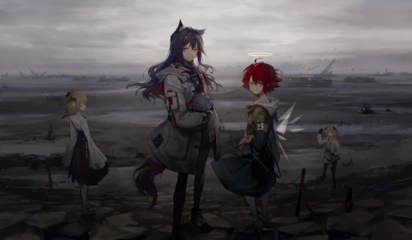 4girls ahoge animal animal_ears arknights armpits bangs bird black_bow black_footwear black_gloves black_hair black_legwear black_shirt black_skirt boots bow brown_eyes brown_hair clouds cloudy_sky coat croissant_(arknights) exusiai_(arknights) eyebrows_visible_through_hair gloves green_coat grey_shirt hair_between_eyes hair_bow halo highres huanxiang_heitu jacket long_hair long_sleeves multicolored_hair multiple_girls open_clothes open_jacket outdoors overcast pantyhose pleated_skirt redhead scenery shirt short_shorts shorts skirt sky sleeves_past_fingers sleeves_past_wrists sora_(arknights) texas_(arknights) twintails two-tone_hair very_long_hair white_footwear white_jacket white_legwear white_shirt white_shorts wide_sleeves