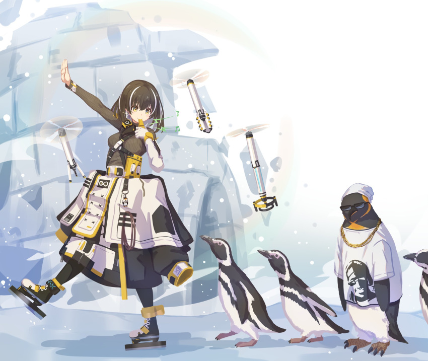 1girl animal arknights beak_mask bird black_coat black_hair clothed_animal coat commentary_request drone gold_necklace green_sweater highres ice_skates igloo jewelry kazana_(sakuto) long_sleeves magallan_(arknights) mask mask_around_neck multicolored_hair necklace penguin rhine_lab_logo ribbed_sweater short_hair skates snow snow_shelter streaked_hair sunglasses sweater the_emperor_(arknights) turtleneck turtleneck_sweater two-tone_hair whistle white_hair yellow_eyes