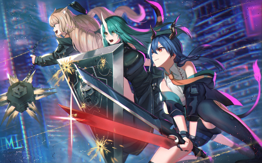 3girls animal_ears arknights bangs bare_shoulders black_headwear black_shorts blonde_hair blue_hair breasts ch'en_(arknights) commentary_request dolce_(dolsuke) dragon_horns drill_hair dual_wielding gloves green_eyes green_hair hair_between_eyes highres holding holding_shield holding_sword holding_weapon horn horns hoshiguma_(arknights) jacket large_breasts long_hair multiple_girls necktie oni_horns red_eyes shield shirt shorts sidelocks sleeveless swire_(arknights) sword tail tiger_ears twintails weapon white_shirt yellow_eyes