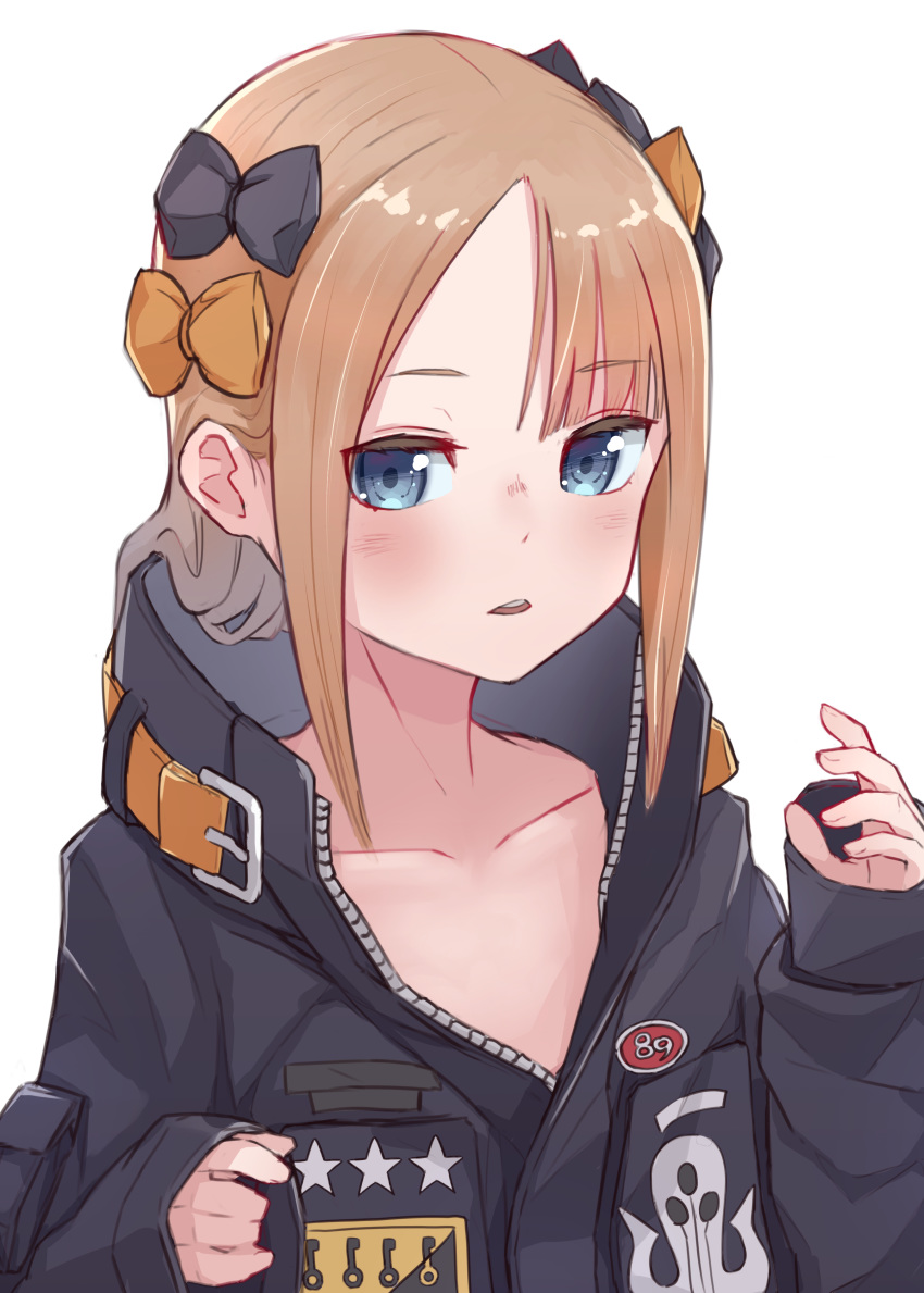 1girl abigail_williams_(fate/grand_order) absurdres bangs black_bow black_jacket blue_eyes blush bow brown_hair collarbone commentary_request eyebrows_visible_through_hair fate/grand_order fate_(series) hair_bow hair_down heroic_spirit_traveling_outfit highres jacket kopaka_(karda_nui) long_hair long_sleeves looking_at_viewer multiple_hair_bows orange_bow parted_bangs parted_lips simple_background sleeves_past_wrists solo upper_body white_background