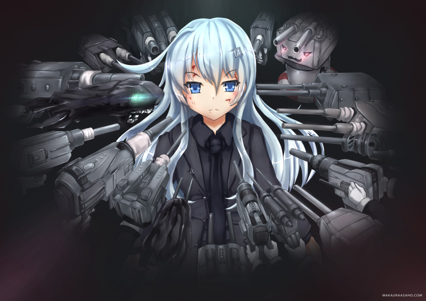aiming blood blood_on_face blue_eyes blue_hair character_request cuts formal frown gloves glowing glowing_eyes hair_ornament hairclip hibiki_(kantai_collection) highres i-class_destroyer injury john_wick kantai_collection long_hair necktie parody rensouhou-chan shinkaisei-kan suit wakaura_asaho watermark web_address white_gloves