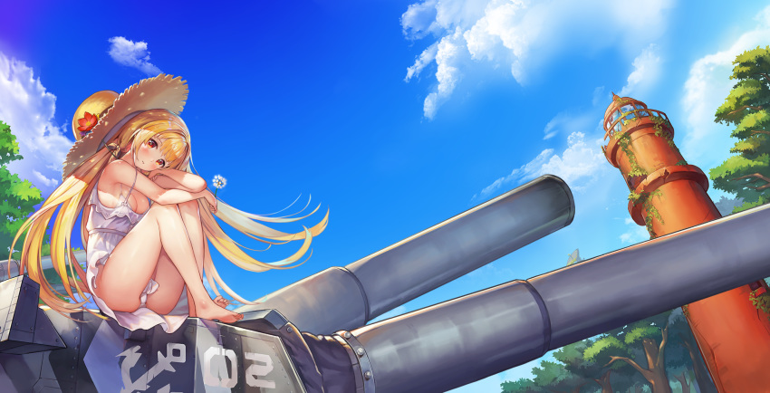 1girl ag-2c_sirene bangs bikini blonde_hair blue_sky blush breasts cannon casual dandelion day dress flower full_body hat highres last_origin long_hair looking_at_viewer medium_breasts outdoors paintale red_eyes sky solo straw_hat sun_hat sundress swimsuit tree very_long_hair white_dress white_swimsuit
