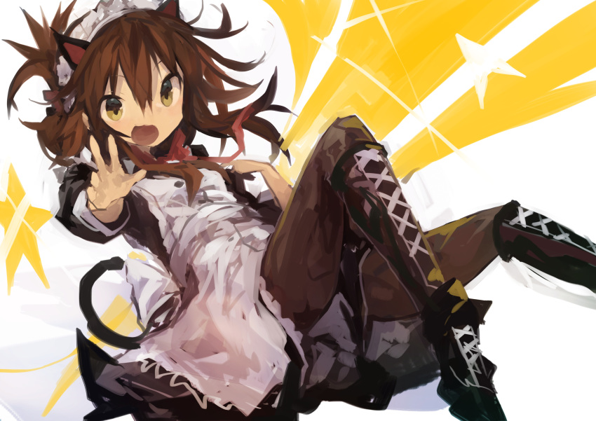 1girl absurdres alternate_costume animal_ears apron bangs black_dress black_footwear black_legwear boots brown_hair cat_ears cat_tail cross-laced_footwear dress enmaided folded_ponytail hair_between_eyes highres inazuma_(kantai_collection) kaamin_(mariarose753) kantai_collection maid maid_headdress open_mouth pantyhose ponytail red_neckwear sidelocks solo star tail white_apron yellow_eyes