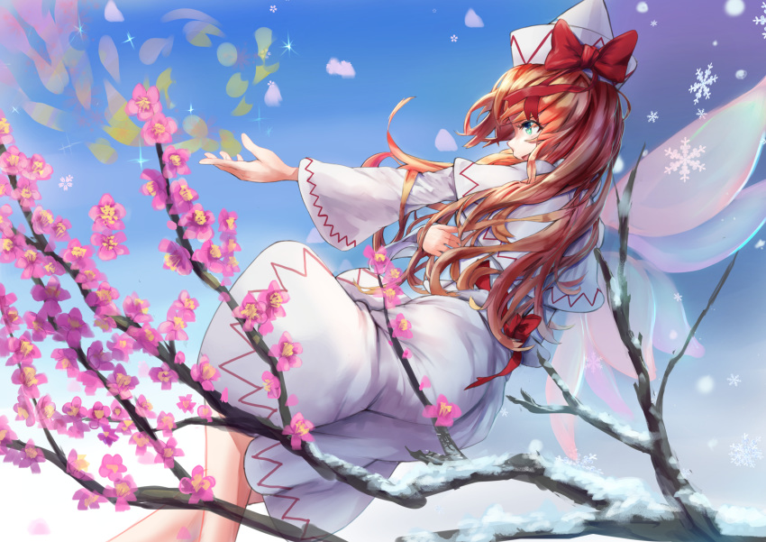 1girl aqua_eyes arms_up asllapistone blonde_hair blue_sky capelet commentary dress fairy_wings floating flower from_side hat hat_ribbon highres lily_white long_hair long_sleeves looking_to_the_side open_mouth outstretched_hand petals plum_blossoms profile ribbon sky snow snowflakes solo spring_(season) touhou tree_branch very_long_hair white_capelet white_dress white_headwear wings winter
