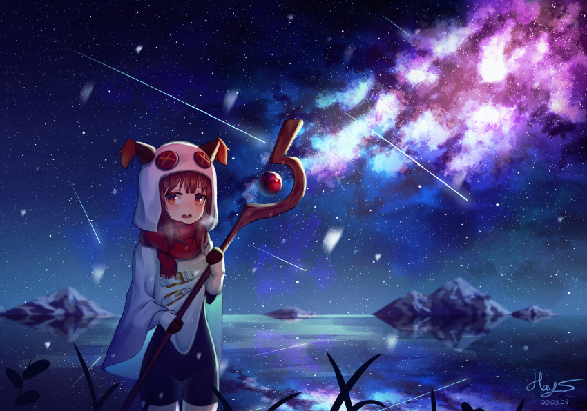 1girl absurdres alternate_costume animal_ears aurora bangs black_gloves breath brown_eyes brown_hair commentary_request dated gloves highres holding holding_staff hood hood_up huge_filesize kono_subarashii_sekai_ni_shukufuku_wo! looking_at_viewer megumin night open_mouth outdoors scenery shorts signature sky smile solo staff star_(sky) starry_sky tagme upper_teeth winter yansae81