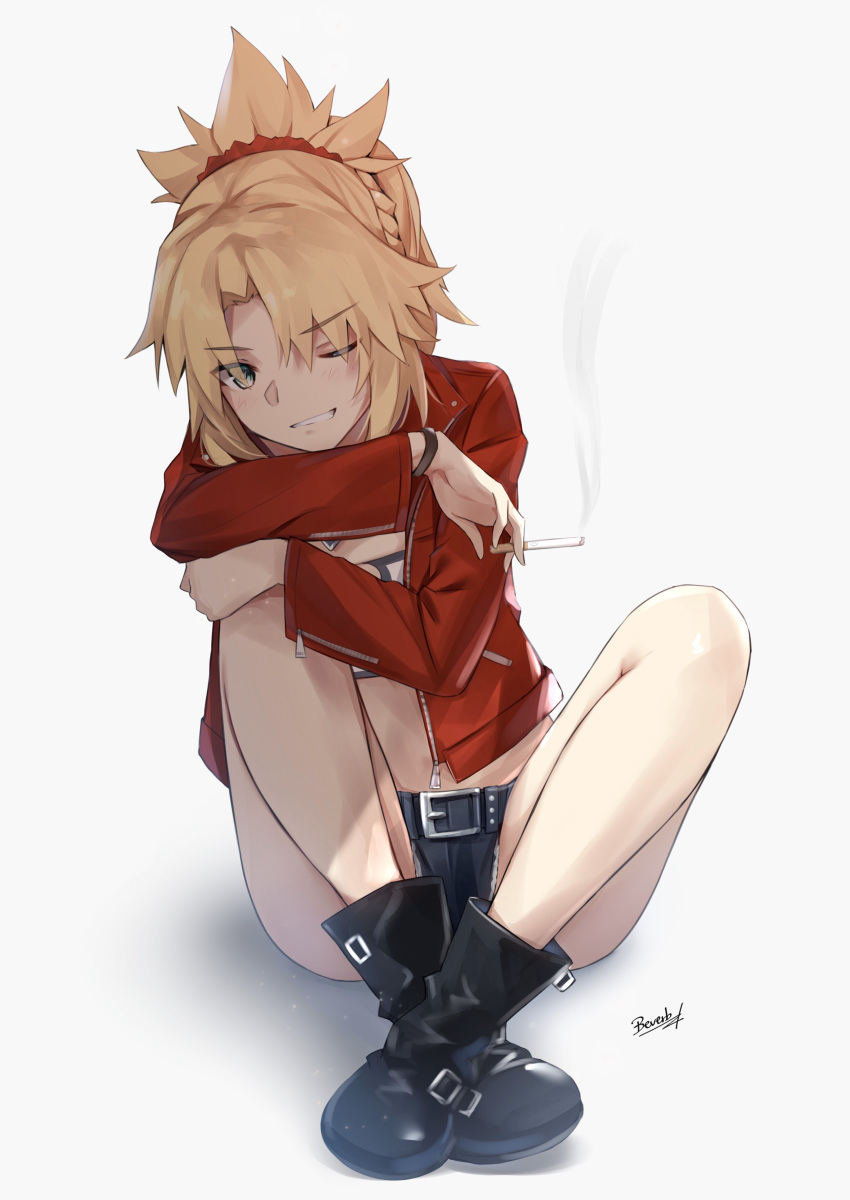 1girl absurdres artist_name bangs bee_doushi belt black_footwear blonde_hair blush boots braid commentary_request denim denim_shorts fate/apocrypha fate_(series) green_eyes highres holding jacket long_hair long_sleeves looking_at_viewer mordred_(fate) mordred_(fate)_(all) one_eye_closed ponytail red_jacket short_shorts shorts simple_background sitting smile solo teeth white_background