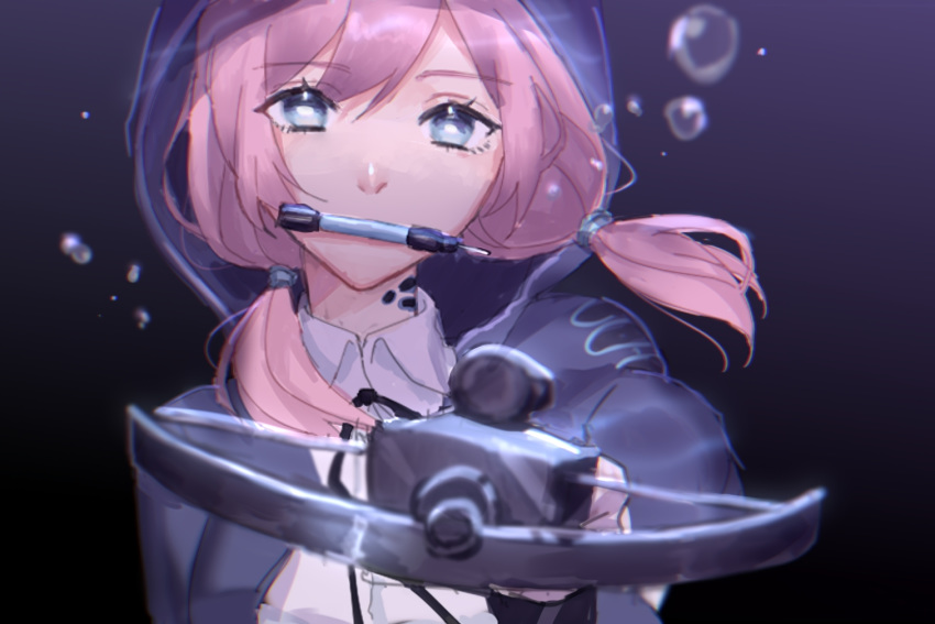 1girl aiming_at_viewer air_bubble arknights bangs black_background blue_eyes blue_jacket blue_poison_(arknights) blurry bow_(weapon) bowgun bubble depth_of_field floating_hair hair_over_shoulder hood hooded_jacket horizontal_pupils jacket kuiqiu_kq long_hair long_sleeves looking_at_viewer low_twintails mouth_hold neck_ribbon open_clothes open_jacket outstretched_arm pink_hair ribbon shirt simple_background solo submerged twintails upper_body weapon white_shirt