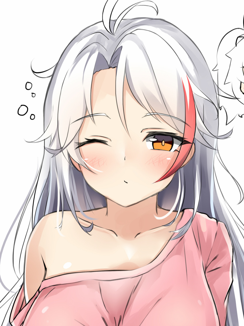 2girls absurdres antenna_hair azur_lane bangs bare_shoulders blush breasts brown_eyes chibi chibi_inset close-up closed_mouth collarbone commentary_request eyebrows_visible_through_hair hair_between_eyes highres laffey_(azur_lane) large_breasts long_hair looking_at_viewer moyoron multicolored_hair multiple_girls off_shoulder one_eye_closed parted_bangs parted_lips pink_shirt prinz_eugen_(azur_lane) shirt sidelocks silver_hair simple_background sleepy solo_focus streaked_hair white_background