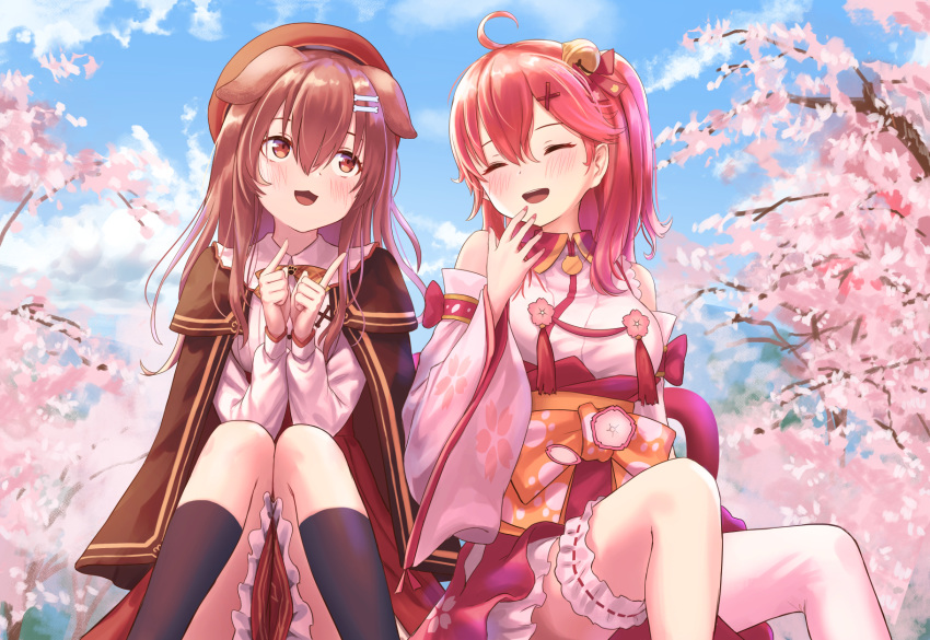 2girls ahoge alternate_costume animal_ears bangs bare_shoulders bell beret black_legwear blue_sky blush bone_hair_ornament breasts brown_capelet brown_eyes capelet cherry_blossoms closed_eyes clouds commentary_request day detached_sleeves dog_ears frilled_skirt frills hair_bell hair_between_eyes hair_ornament hand_to_own_mouth hat highres hololive inugami_korone knees_together_feet_apart large_breasts laughing leg_garter long_sleeves looking_at_another medium_hair multiple_girls nontraditional_miko official_alternate_costume one_side_up open_mouth outdoors roke_(taikodon) sakura_miko single_thighhigh sitting skirt sky smile socks thigh-highs virtual_youtuber white_legwear wide_sleeves x_hair_ornament