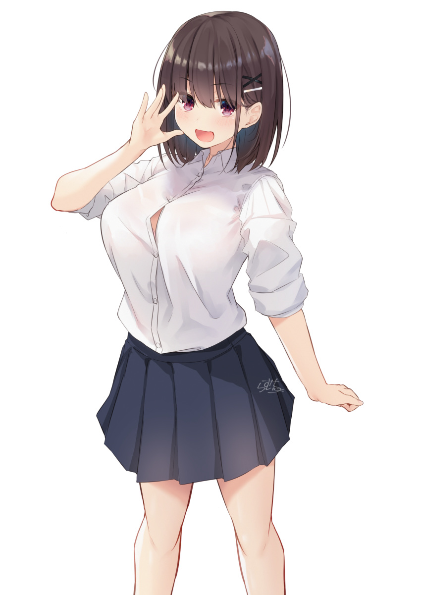 1girl bangs black_skirt blush breasts brown_hair button_gap childhood_friend-chan_(ramchi) commentary eyebrows_visible_through_hair hair_ornament hairclip highres large_breasts looking_at_viewer medium_hair original pleated_skirt ramchi shirt signature simple_background skirt solo uniform white_background white_shirt x_hair_ornament