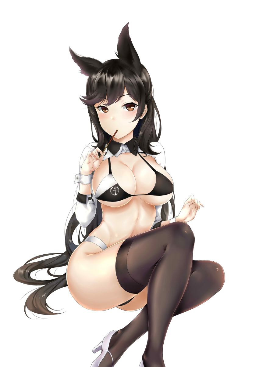 1girl absurdres animal_ears atago_(azur_lane) azur_lane bangs bikini black_bikini black_hair black_legwear breasts chinese_commentary commentary_request derivative_work extra_ears food high_heels highres invisible_chair large_breasts long_hair mole mole_under_eye naivereporter pocky racequeen shrug_(clothing) simple_background sitting solo swept_bangs swimsuit thigh-highs white_background white_footwear