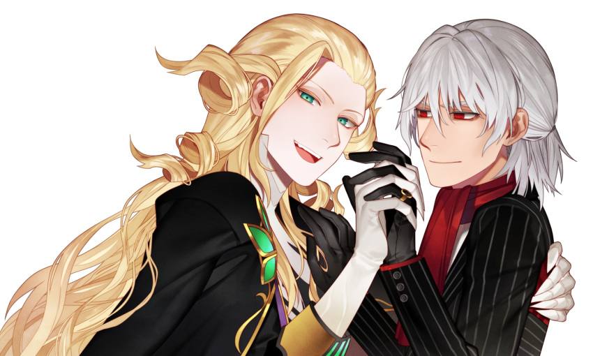 2boys antonio_salieri_(fate/grand_order) black_gloves blonde_hair drill_hair elbow_gloves fate/grand_order fate_(series) formal gloves green_eyes grey_hair half_updo holding_hands interlocked_fingers jewelry long_hair looking_at_viewer male_focus multiple_boys pinstripe_suit red_eyes red_scarf ring scarf sindri striped suit very_long_hair white_gloves wolfgang_amadeus_mozart_(fate/grand_order)