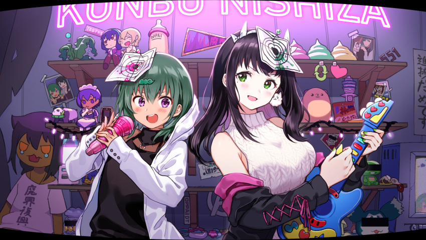 2girls black_hair blush breasts character_doll green_eyes green_hair green_nails hair_ornament harumi_hana highres holding holding_microphone ichihara_chiaki jahy jahy_sama_wa_kujikenai large_breasts lilith_(saikin_yatotta_maid_ga_ayashii) looking_at_viewer microphone multiple_girls nail_polish nishizawa open_mouth original photo_(object) roki_(vocaloid) saikin_yatotta_maid_ga_ayashii seaweed sekai_de_ichiban_oppai_ga_suki! short_hair sleeveless smile sweater tan translation_request turtleneck turtleneck_sweater violet_eyes white_sweater