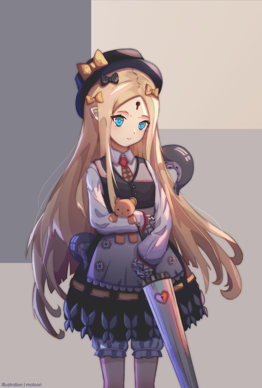 1girl abigail_williams_(fate/grand_order) absurdres bangs black_bow black_dress black_headwear blonde_hair blue_eyes blush bow breasts collared_shirt contemporary dress dress_shirt earrings fate/grand_order fate_(series) forehead hair_bow hat hat_bow highres jewelry keyhole long_hair long_sleeves looking_at_viewer md5_mismatch momotoori multiple_hair_bows necktie orange_bow parted_bangs parted_lips red_neckwear shirt sleeves_past_wrists small_breasts solo stuffed_animal stuffed_toy teddy_bear tentacles umbrella white_bloomers white_shirt