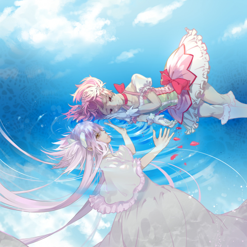2girls blue_sky bubble_skirt choker clouds cloudy_sky colored_eyelashes crying crying_with_eyes_open day different_reflection dress dual_persona expressionless feet_out_of_frame floating flower frilled_skirt frills gloves goddess_madoka hair_between_eyes hair_ribbon half-closed_eyes hand_rest hands_up highres kaname_madoka lantty legs_together light_smile long_dress long_hair looking_at_another looking_up lying mahou_shoujo_madoka_magica multiple_girls on_side petals pink_flower pink_hair reflection ribbon ripples sad shaded_face skirt sky socks streaming_tears tears very_long_hair water white_dress white_gloves white_legwear white_ribbon white_skirt wide_sleeves yellow_eyes