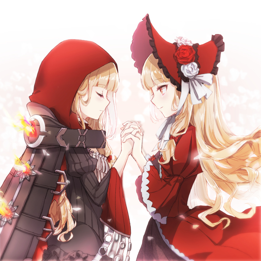 1girl bangs belt blonde_hair blunt_bangs bonnet brown_belt cape closed_eyes closed_mouth dress eyebrows_visible_through_hair fire flower hat hat_flower highres holding_hands hood hood_up hooded_cape juliet_sleeves little_red_riding_hood_(sinoalice) long_hair long_sleeves looking_at_another multiple_persona orange_eyes puffy_sleeves red_cape red_dress red_flower red_headwear red_hood red_rose ribbon rico_tta rose sidelocks simple_background sinoalice solo standing victorian wavy_hair white_background white_flower white_ribbon white_rose wide_sleeves