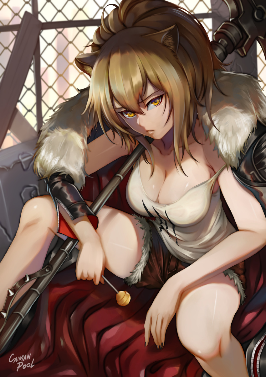 1girl absurdres animal_ears arknights artist_name bangs black_jacket brown_eyes brown_hair brown_shorts caiman-pool chain-link_fence collarbone commentary feet_out_of_frame fence fur-trimmed_jacket fur-trimmed_shorts fur_trim hair_between_eyes head_tilt highres huge_filesize jacket lion_ears long_hair long_sleeves looking_at_viewer open_clothes open_jacket over_shoulder parted_lips short_shorts shorts siege_(arknights) signature sitting solo strap_slip thighs weapon weapon_over_shoulder white_tank_top