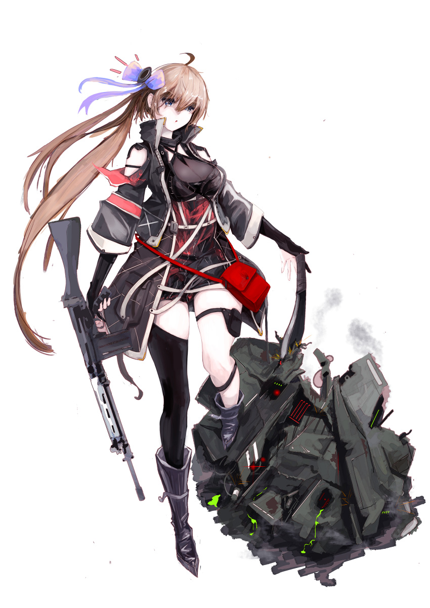 1girl absurdres alternate_costume asymmetrical_legwear battle_rifle blue_bow bow broken brown_hair fal_(girls_frontline) ferret fn_fal girls_frontline gun highres long_hair pet rifle robot side_ponytail solo thigh-highs type_3 weapon work_in_progress