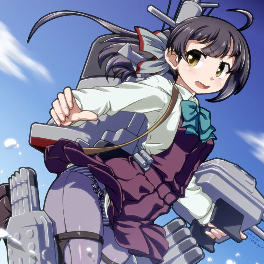 547th_sy adapted_turret ahoge asymmetrical_bangs bangs black_hair cannon commentary_request cowboy_shot dress fujinami_(kantai_collection) grey_legwear hair_ribbon highres kantai_collection long_hair looking_at_viewer machinery panties panties_under_pantyhose pantyhose ribbon school_uniform shirt side-tie_panties side_ponytail sleeveless sleeveless_dress smokestack striped striped_panties turret underwear white_ribbon white_shirt yellow_eyes